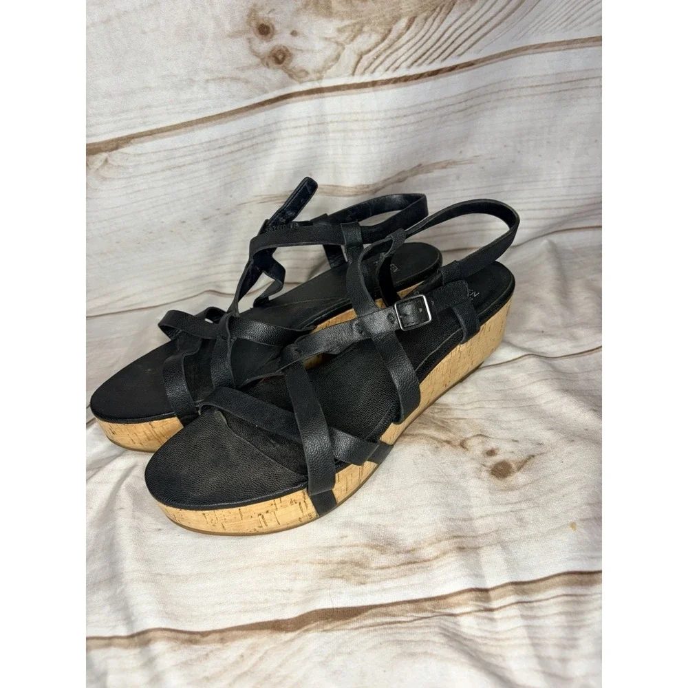 Eileen Fisher Black Leather Strappy Cork Wedge Sandals Size 10 Gladiator